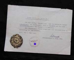 WW2 German 1st class driving proficiency gold award and paperwork for sale