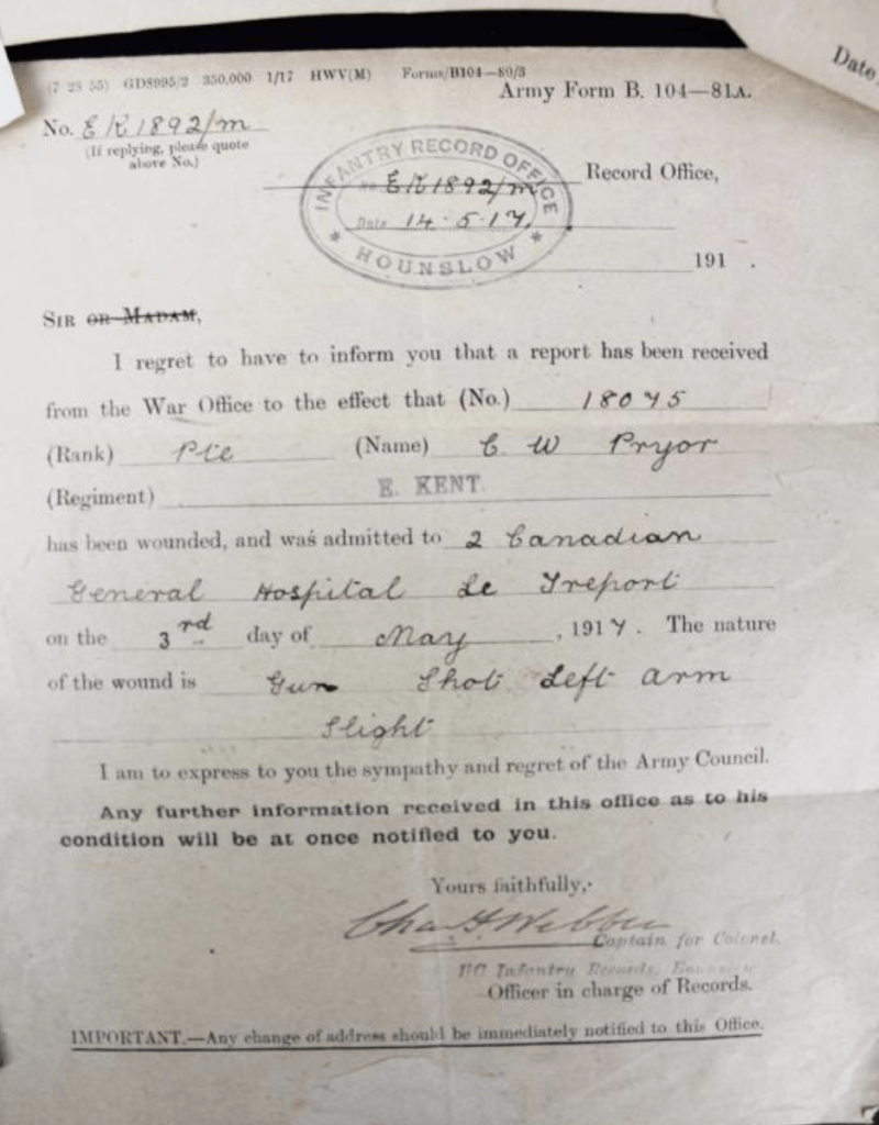 Infantry Records Office notice of wound ww1