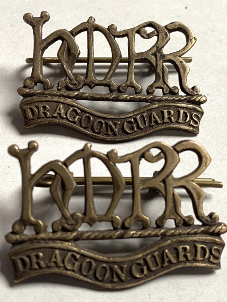 Matching pair of Boer War British Dragoon Guards shoulder titles for sale